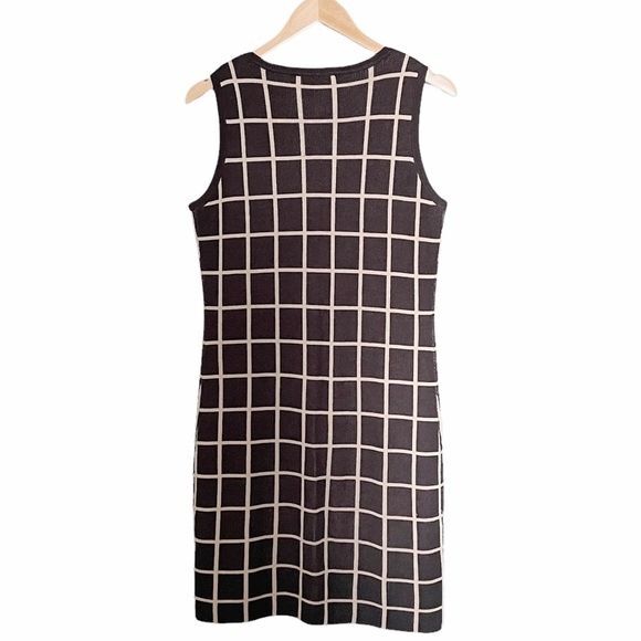 Adrienne Vittadini Sweater Knit Dress Gray Cream Windowpane Plaid Size Medium - Picture 3 of 11